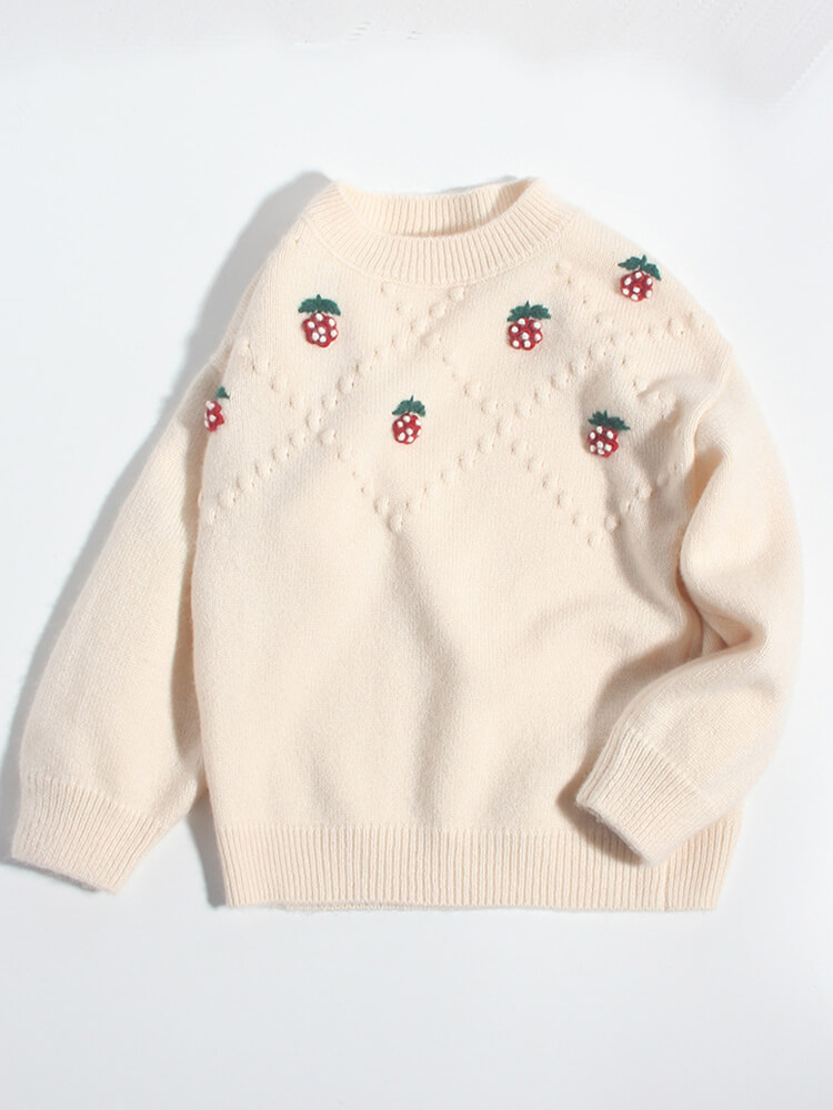 Soft Cream Strawberry Embroidery Cashmere Sweater for Girls